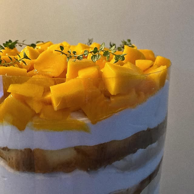 Layered mango cream dessert topped with fresh mango